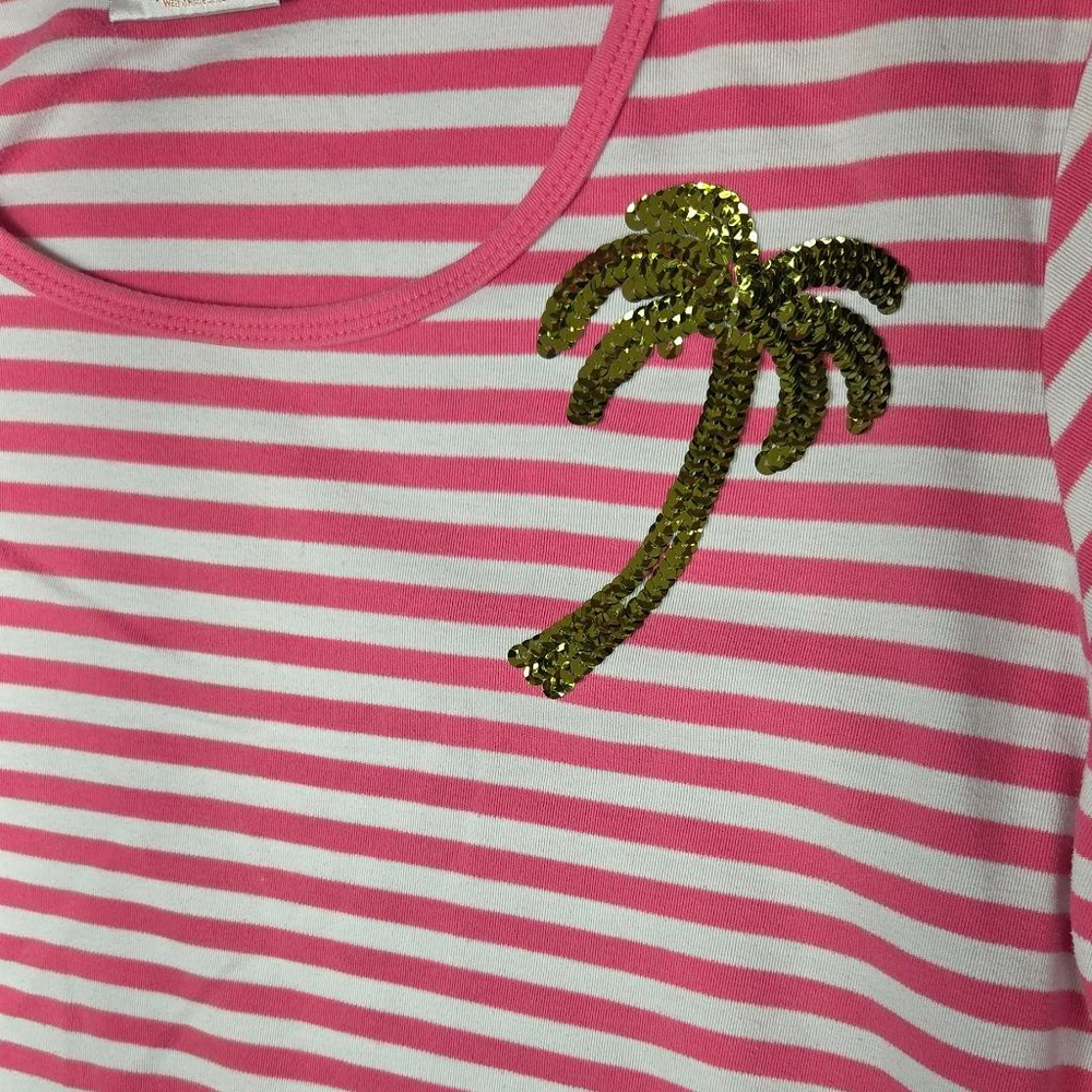 Women's Quacker Factory Long Sleeve Tee 2X Pink White Striped Palm Tree - Picture 2 of 7